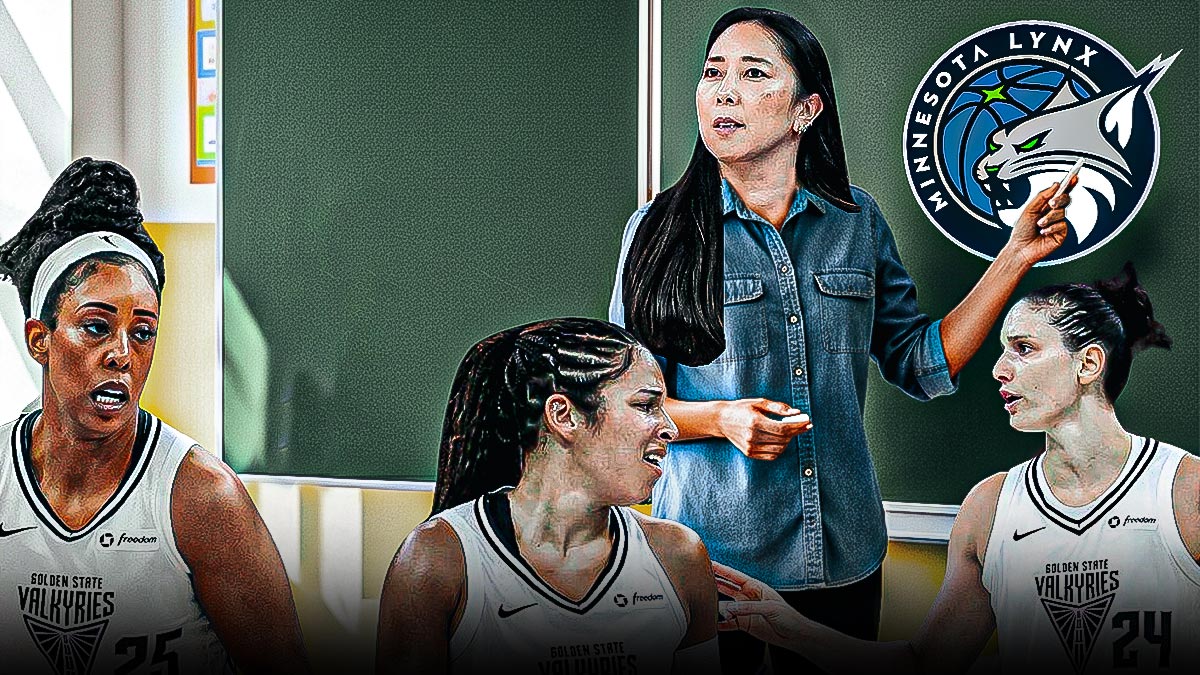 Natalie Nakase in a classroom teaching Valkyries Monique Billings, Veronica Burton, and Cecilia Zandalasini, sitting at desks watching her. And on the chalkboard is a Minnesota Lynx logo.