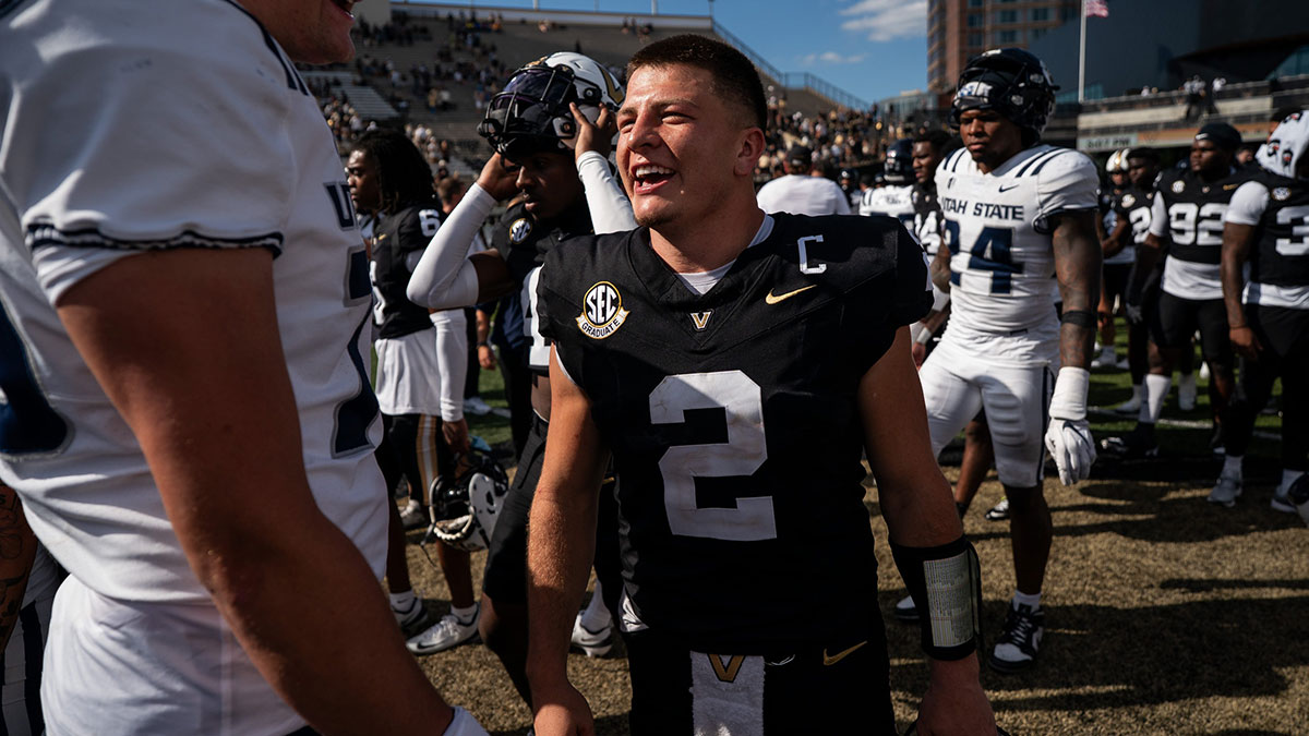 Vanderbilt quarterback Diego Pavia (2) celebrates after defeating Utah State at FirstBank Stadium in Nashville, Tenn., Saturday, Sept. 27, 2025.