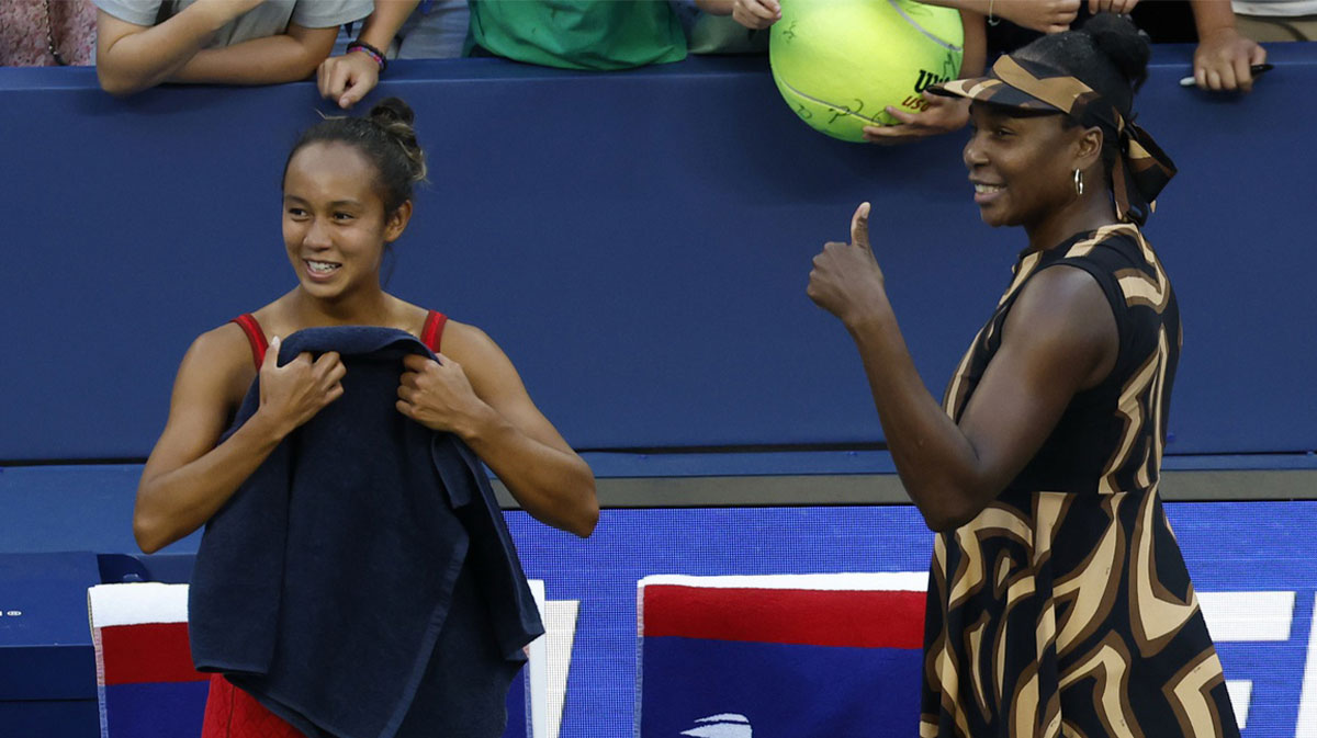 Venus Williams (USA) (R) and Leylah Fernandez (CAN) (L) celebrate after their match against Ekaterina Alexandrova and Shuai Zhang (CHN) (both not pictured) on day nine of the 2025 US Open tennis championships at Billie Jean King National Tennis Center.
