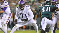 Minnesota Vikings offensive tackle Christian Darrisaw (71) prepares to block against the Philadelphia Eagles at Lincoln Financial Field.