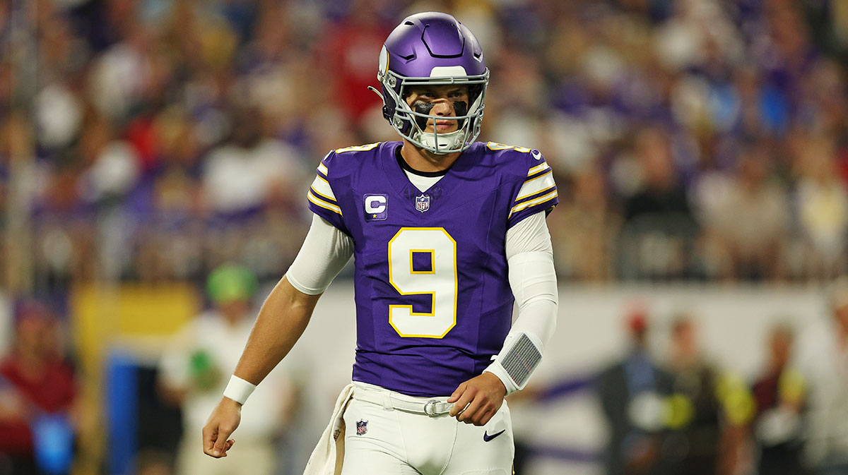 Minnesota Vikings quarterback J.J. McCarthy (9) reacts after a play during the first half against the Atlanta Falcons at U.S. Bank Stadium.
