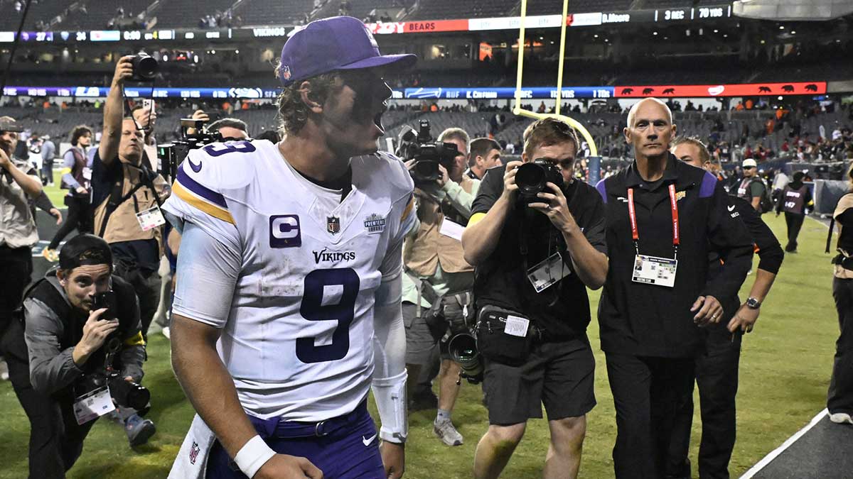 Vikings quarterback J.J. McCarthy (9) reacts