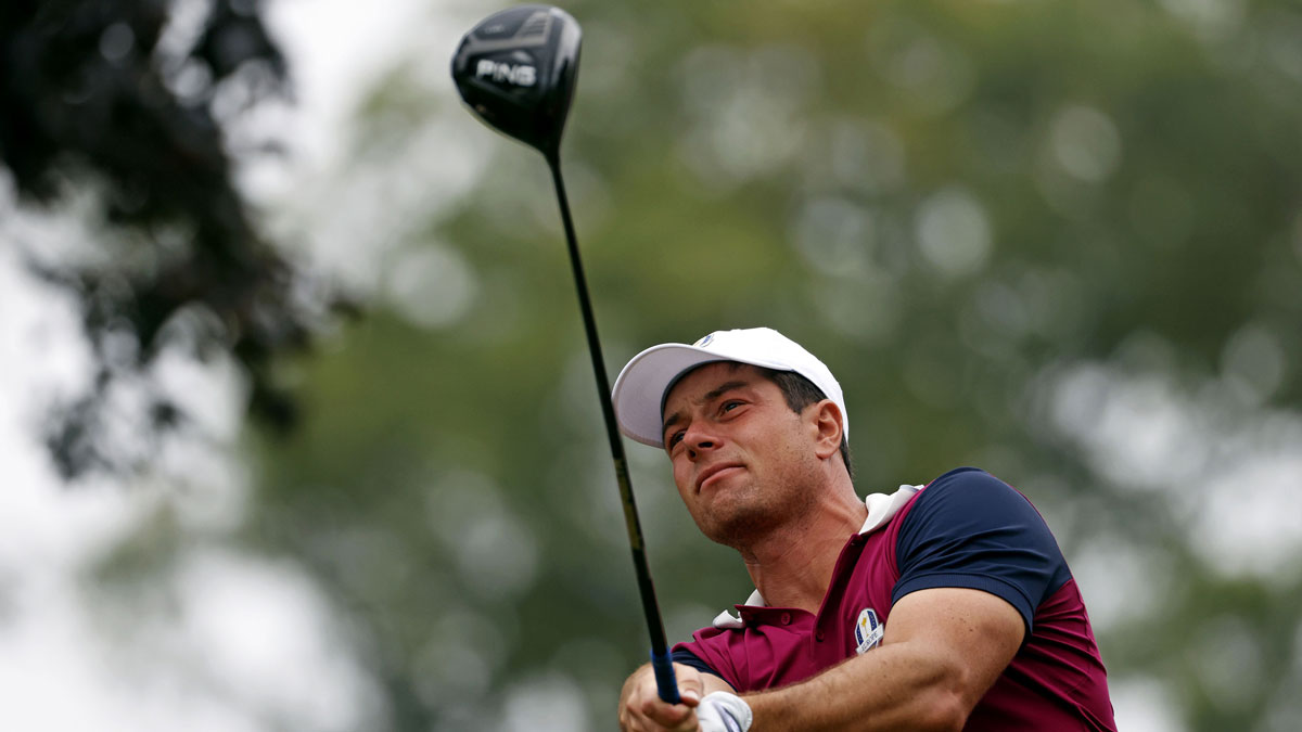 Sep 25, 2025; Bethpage, New York, USA; Viktor Hovland plays his shot from the sixth tee during a practice round of the Ryder Cup golf tournament at Bethpage Black. Mandatory Credit: Peter Casey-Imagn Images