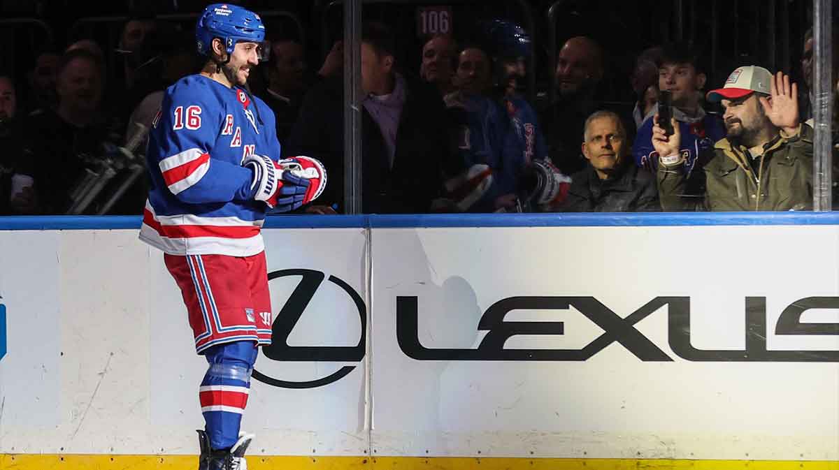 New York Rangers center Vincent Trocheck (16) skates off the ice after scoring the game winning goal in overtime against the Minnesota Wild at Madison Square Garden.