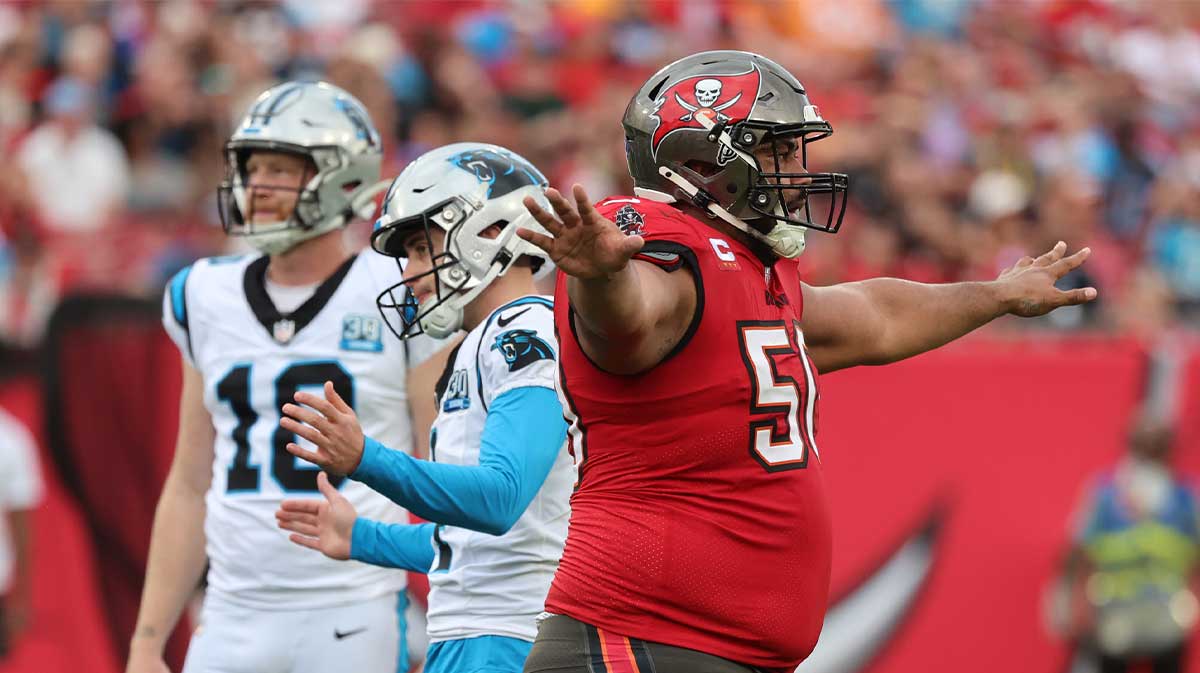 Tampa Bay Buccaneers defensive tackle Vita Vea (50) reacts after Carolina Panthers place kicker Eddy Pineiro (4) misses an extra point during the second quarter at Raymond James Stadium.
