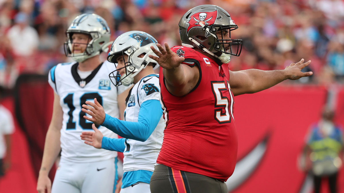Tampa Bay Buccaneers defensive tackle Vita Vea (50) reacts after Carolina Panthers place kicker Eddy Pineiro (4) misses an extra point during the second quarter at Raymond James Stadium.
