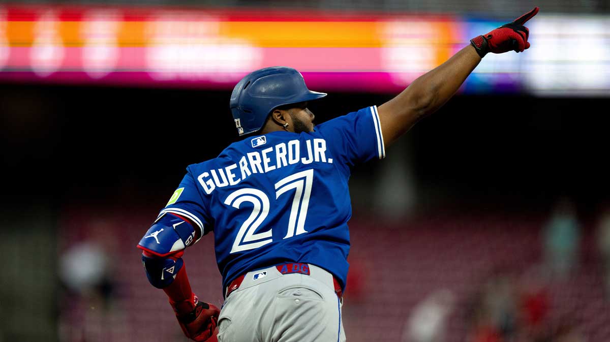 Toronto Blue Jays first baseman Vladimir Guerrero Jr. (27) reacts to hitting a home run in the fifth inning between the Cincinnati Reds and Toronto Blue Jays at Great American Ball Park in Cincinnati on Sept. 3, 2025.