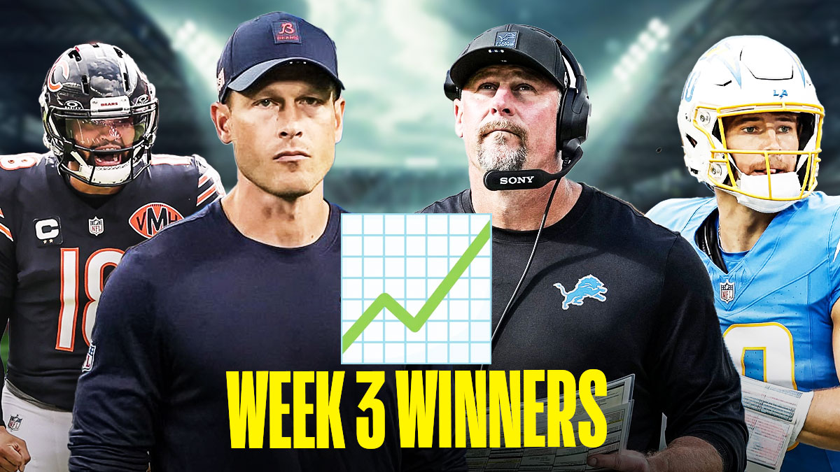 Stock up emoji with Lions' Dan Campbell, Chargers' Justin Herbert, Bears' Caleb Williams and Ben Johnson around it "Week 3 Winners" text at the bottom