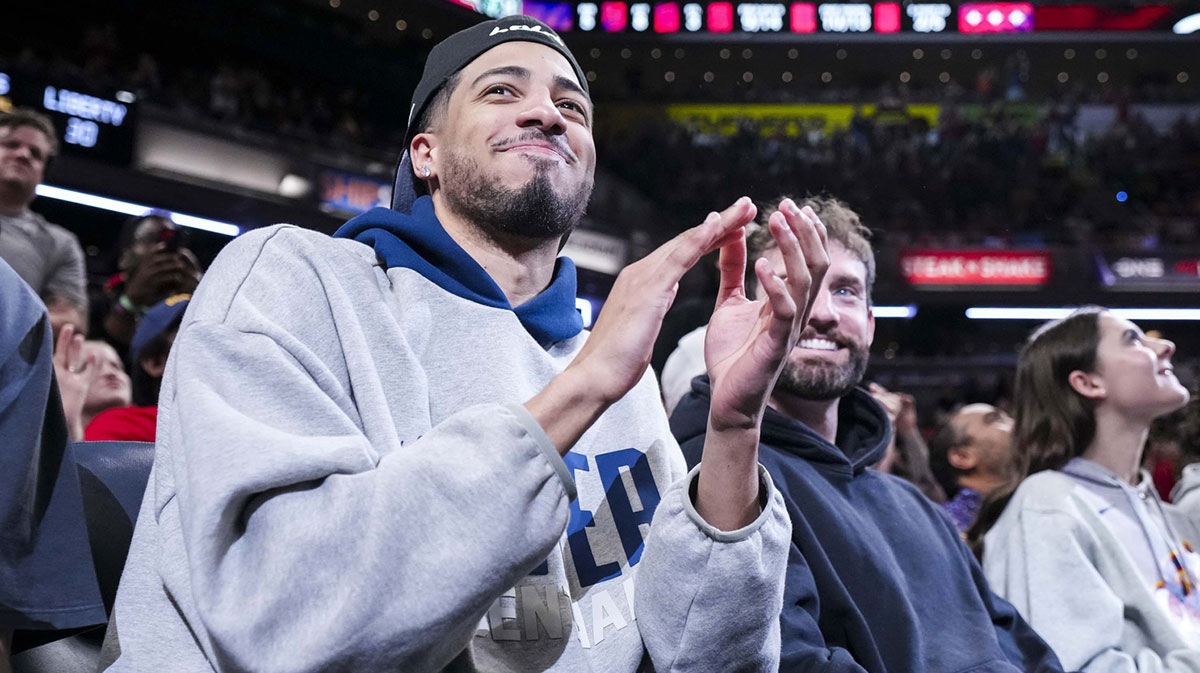 Indiana Pacers guard Tyrese Haliburton is introduced during a game between the Indiana Fever and the New York Liberty at Gainbridge Fieldhouse.