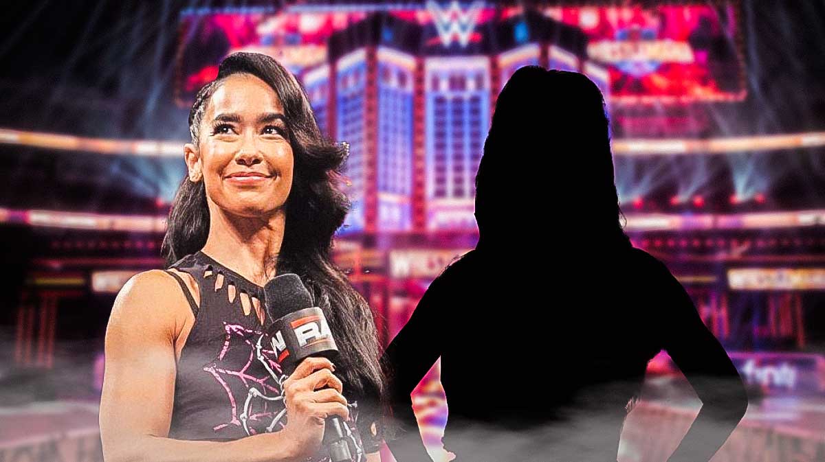 WWE star AJ Lee after her return with silhouette of former Superstar Paige (aka Saraya).