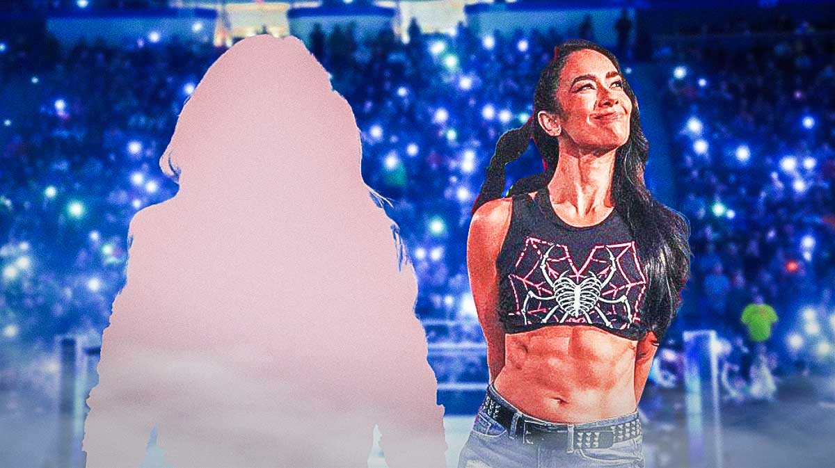 WWE stars Becky Lynch (silhouette), who has a black eye, and AJ Lee.