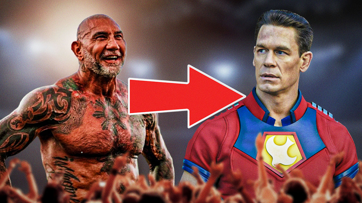 Former WWE star Dave Bautista with an arrow pointing to John Cena as Peacemaker.