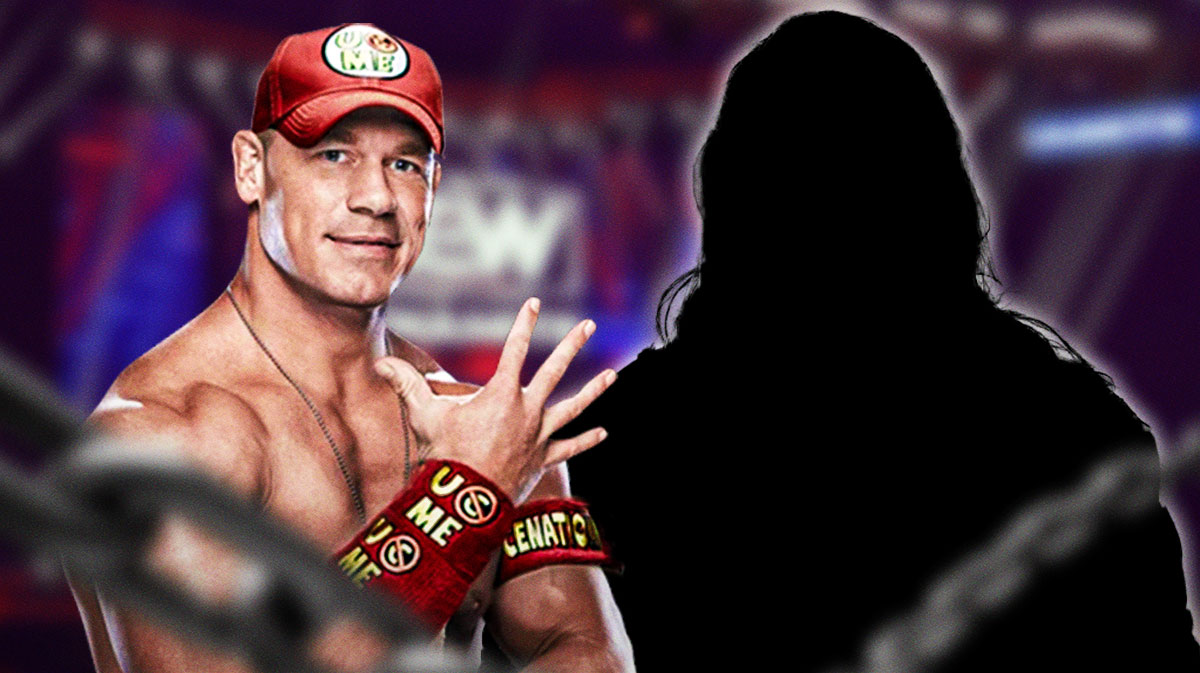 John Cena next to silhouette of former WWE star and current AEW wrestler Adam Copeland/Edge.