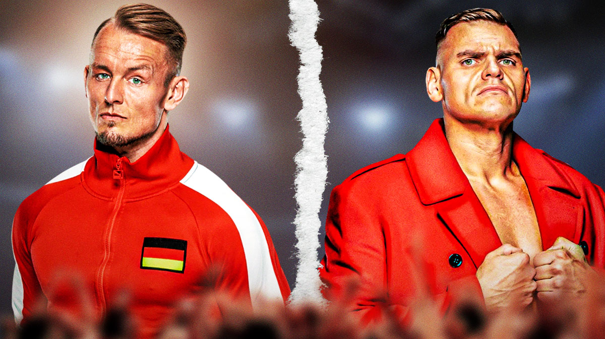 WWE stars Ludwig Kaiser and Gunther with a page torn between them.