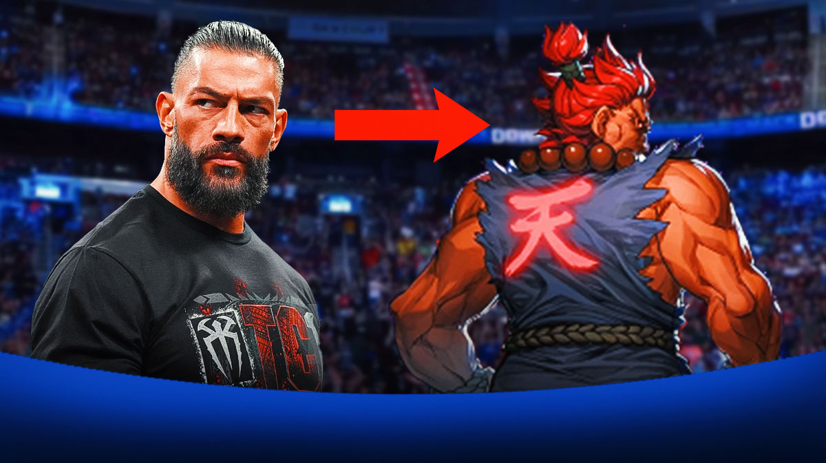 WWE Superstar Roman Reigns next to Akum, who he will play in the Street Fighter movie.