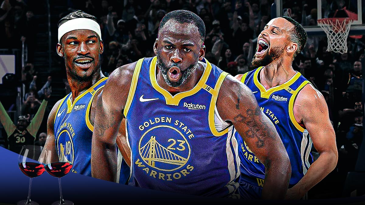 Jimmy Butler, Draymond Green, Stephen Curry looking happy with a glass of wine peaking out of the corners