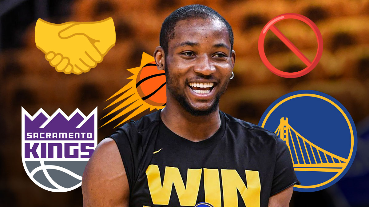 Jonathan Kuminga on the left, with the handshake emoji behind a 🚫 symbol in the center and the Warriors, Suns, and Kings logos to the right of him
