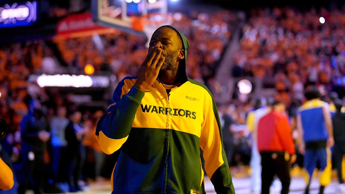 Warriors forward Draymond Green (23) blows a kiss towards the crowd before the start of the game against the Minnesota Timberwolves during game four of the second round for the 2025 NBA Playoffs at Chase Center