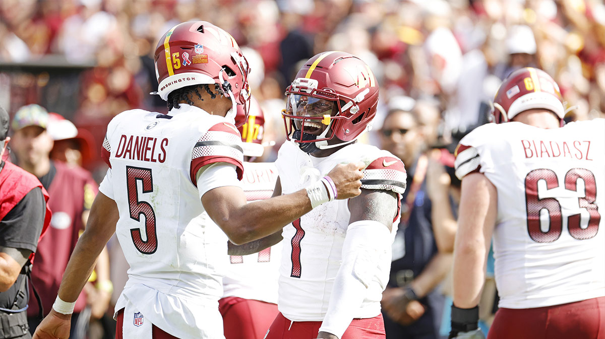 Jayden Daniels and Deebo Samuel of the Washington Commanders, who used a meme from The Office to hype their Week 2 game against the Green Bay Packers, against the New York Giants.