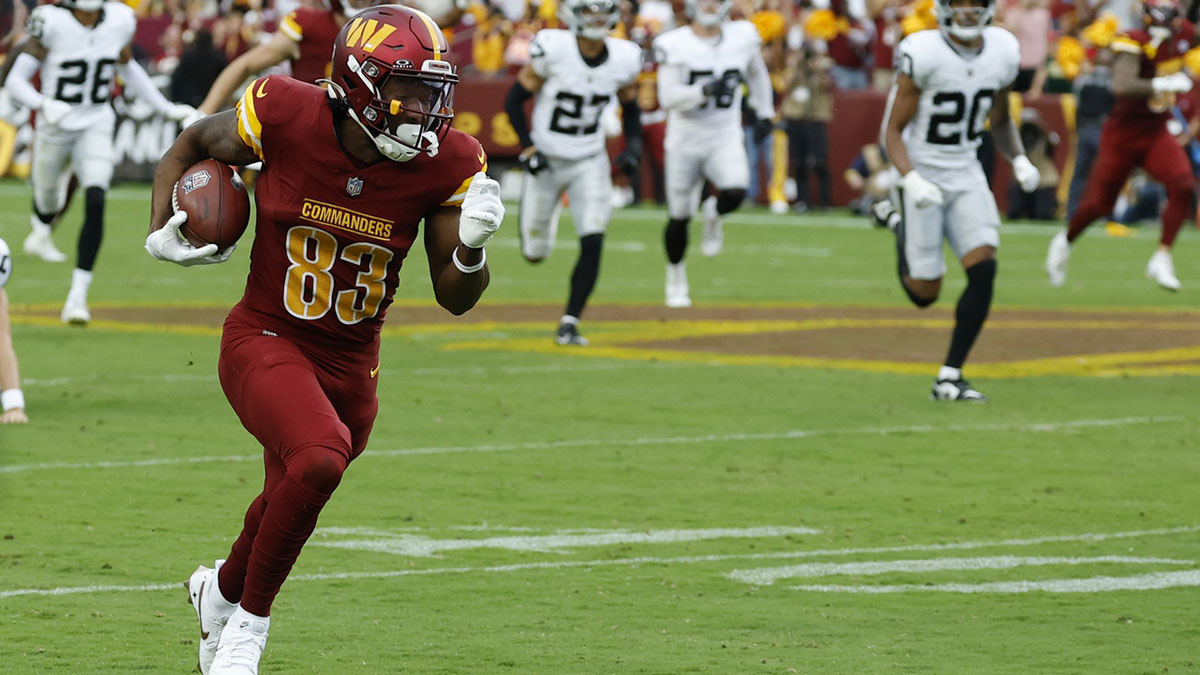 Washington Commanders wide receiver Jaylin Lane (83) returns a punt for a touchdown against the Las Vegas Raiders during the third quarter at Northwest Stadium.