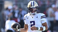 Sep 20, 2025; Pullman, Washington, USA; Washington Huskies quarterback Demond Williams Jr. (2) warms up before Apple Cup game against the Washington State Cougarsat Gesa Field at Martin Stadium. Mandatory Credit: James Snook-Imagn Images