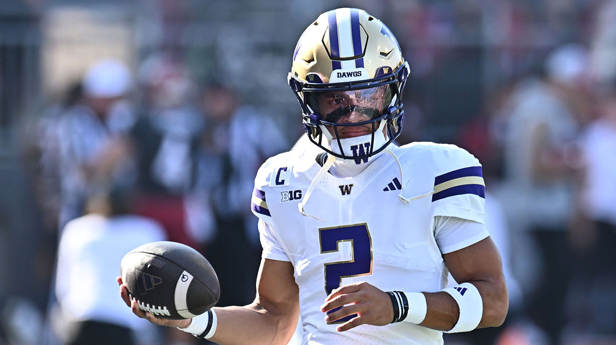 Sep 20, 2025; Pullman, Washington, USA; Washington Huskies quarterback Demond Williams Jr. (2) warms up before Apple Cup game against the Washington State Cougarsat Gesa Field at Martin Stadium. Mandatory Credit: James Snook-Imagn Images