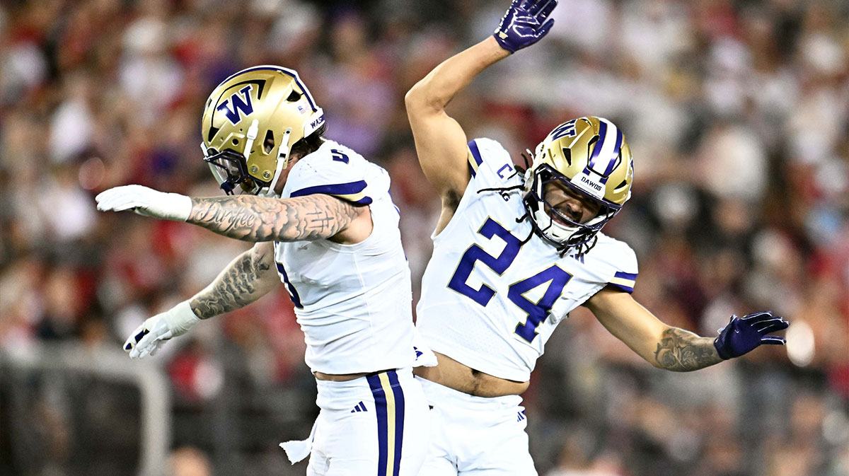 Washington Huskies safety Makell Esteen (24) and Washington Huskies edge Zach Durfee celebrate a Washington State Cougars turnover in the second half of Apple Cup at Gesa Field at Martin Stadium. Washington Huskies won 59-24.