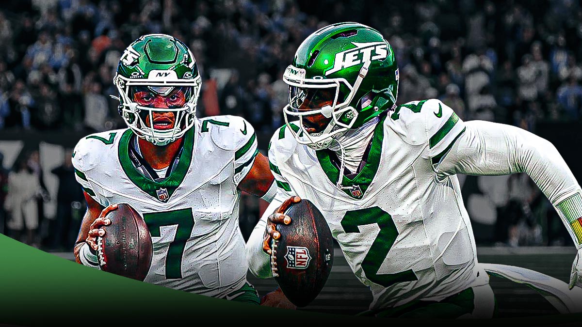 Justin Fields, Tyrod Taylor beside each other, New York Jets logo in the background