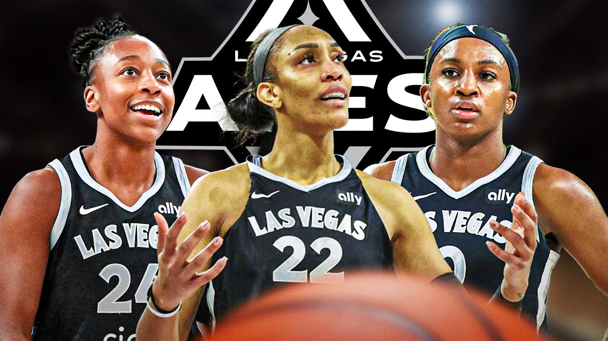 A'ja Wilson, Jackie Young, Jewell Loyd all beside each other, Las Vegas Aces logo in the background