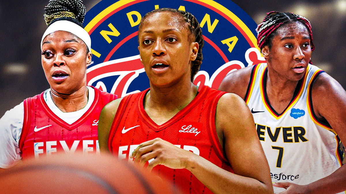 Kelsey Mitchell, Aliyah Boston, Odyssey Sims all beside each other, Indiana Fever logo in the background