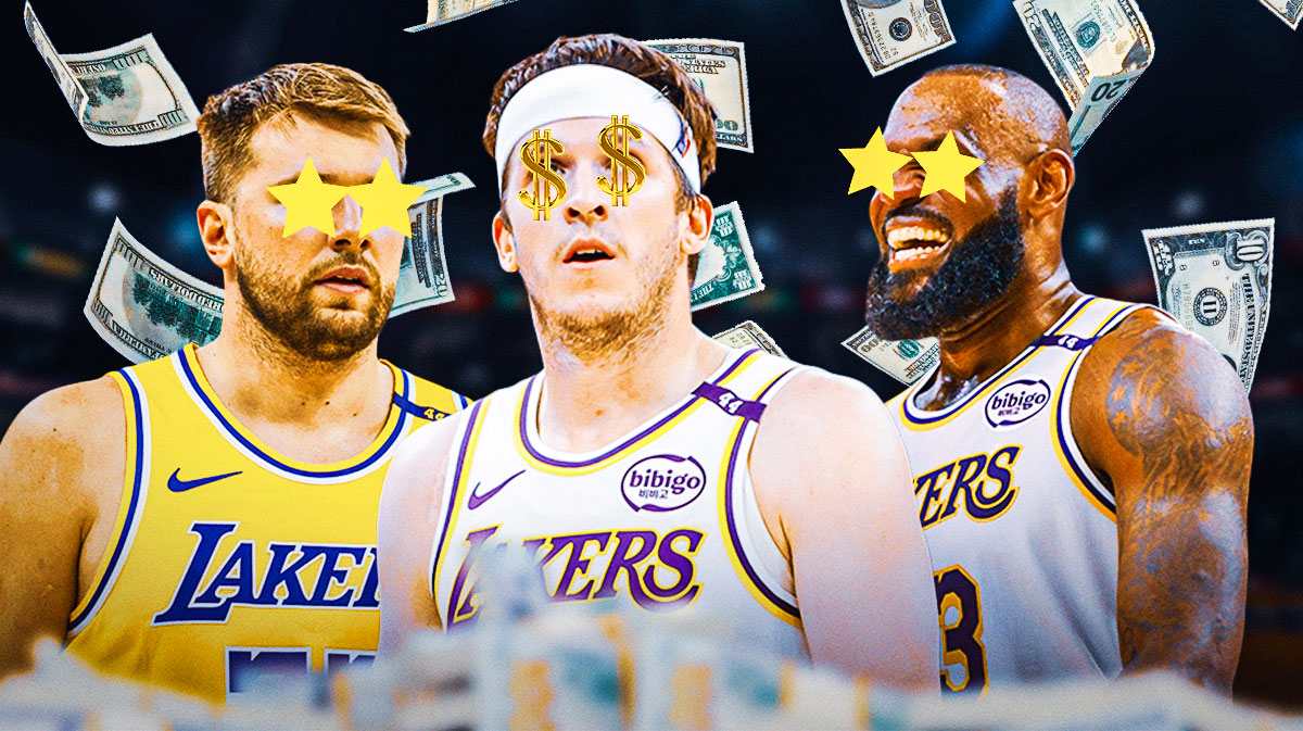 Lakers' Austin Reaves with dollar signs in his eyes, cash flying around and Luka Doncic and LeBron James looking at him with stars in eyes