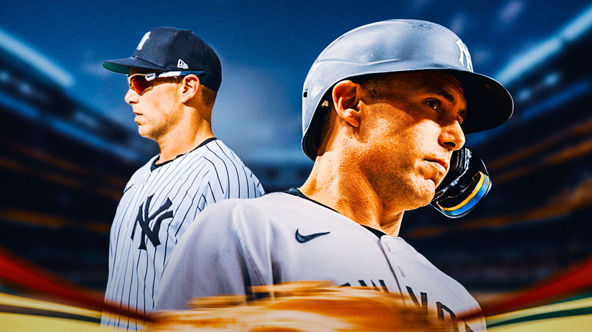 Graphic with Yankees' Paul Goldschmidt in home uniform with Yankee stadium in the background.
