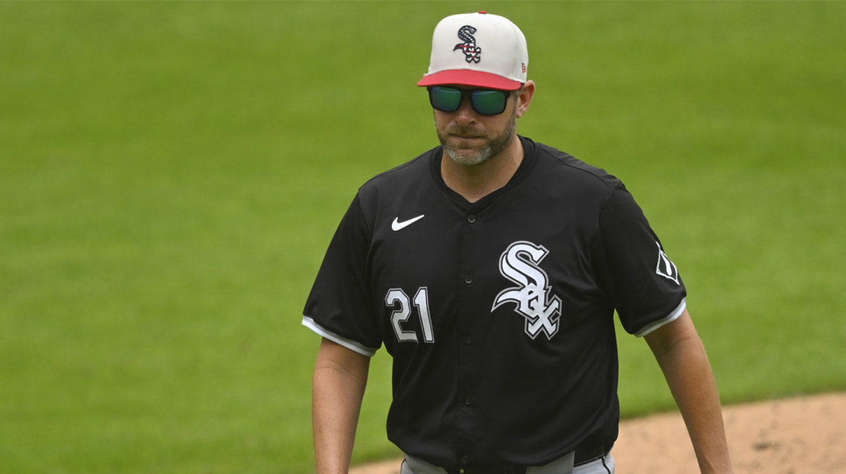 Chicago White Sox pitching coach Ethan Katz (21) walks on the field in the third inning against the Cleveland Guardians at Progressive Field.