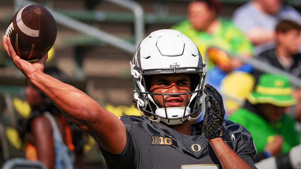 Oregon Ducks quarterback Dante Moore throws a pass during warmups as the Oregon Ducks host the Oregon State Beavers Sept. 20, 2025, at Autzen Stadium in Eugene, Oregon.