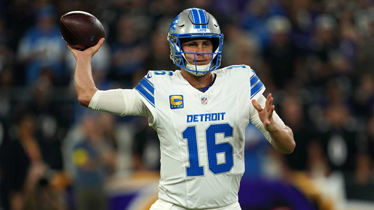 Detroit Lions quarterback Jared Goff (16) drops back to pass against the Baltimore Ravens during the first half at M&T Bank Stadium.