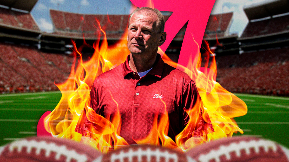 Kalen DeBoer with Alabama logo in the background and flames around him.