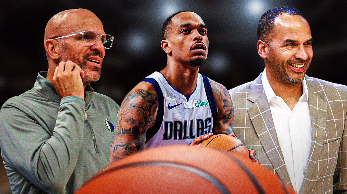 Mavericks PJ Washington shooting a basketball in front of image. Mavericks Jason Kidd and Mavericks Nico Harrison.