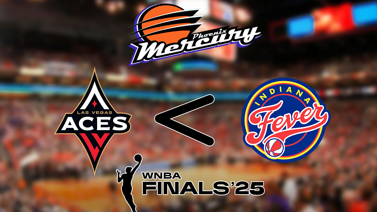 The Phoenix Mercury logo is at the top of the frame. Below, is the Las Vegas Aces logo and the Indiana Fever logo. In between the Aces and Fever logos, there is this sign < (for example, it should be the Aces logo first, and then the < symbol, and the Fever logo next to it). Below is the 2025 WNBA Finals logo as well, and a background of the PHX Arena.