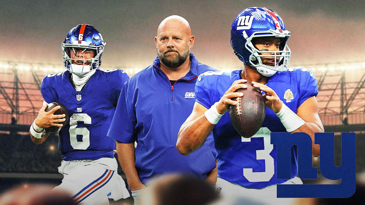 Coach Brian Daboll in the middle, Russell Wilson, Jaxson Dart around him, New York Giants logo in the background