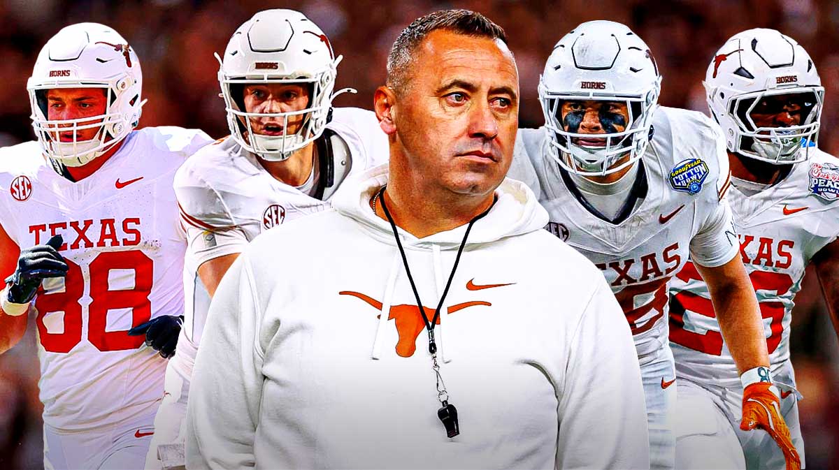 Coach Steve Sarkisian in the middle, Arch Manning, Quintrevion Wisner, Jack Endries, Liona Lefau all around him, Dark clouds in the background