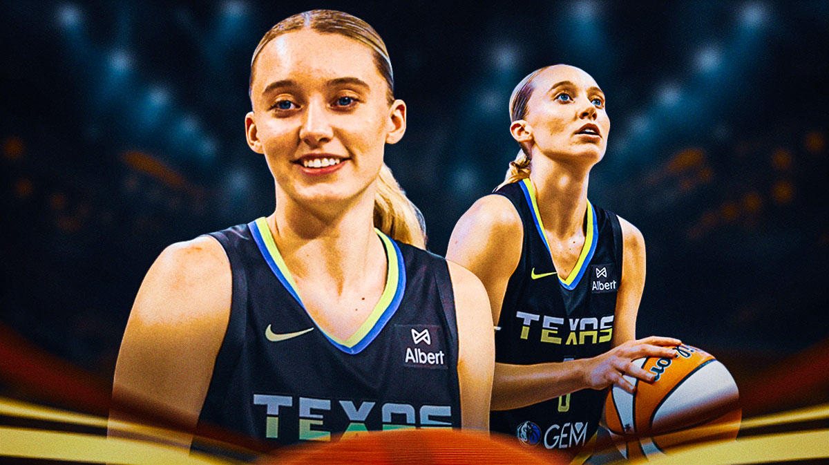 Wings Paige Bueckers smiling in front. Wings Paige Bueckers shooting a basketball in background.