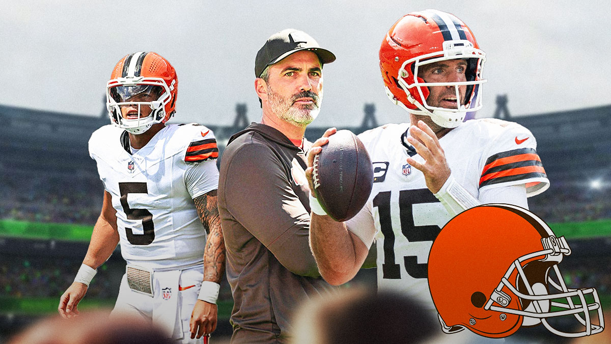 Coach Kevin Stefanski in the middle, Joe Flacco, Dillon Gabriel around him, Cleveland Browns logo in the background