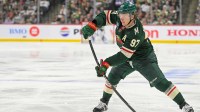 Minnesota Wild forward Kirill Kaprizov (97) takes a shot on goal against the Vegas Golden Knights during the second period in game six of the first round of the 2025 Stanley Cup Playoffs at Xcel Energy Center.