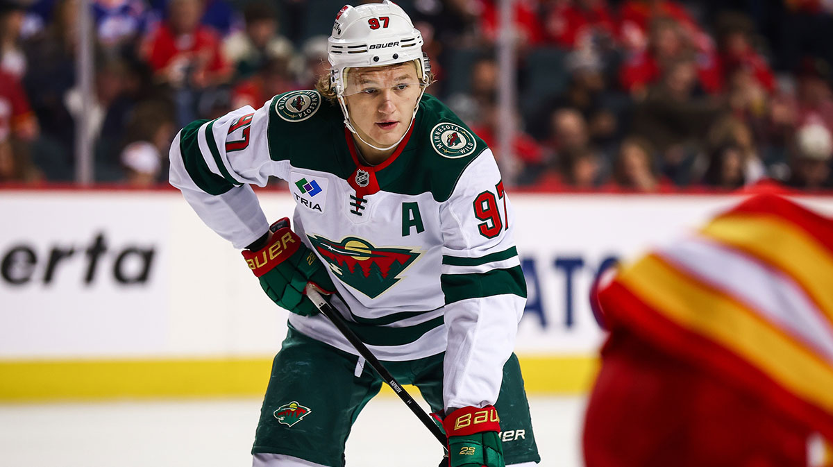 Minnesota Wild left wing Kirill Kaprizov (97) during the face off against the Calgary Flames during the first period at Scotiabank Saddledome.