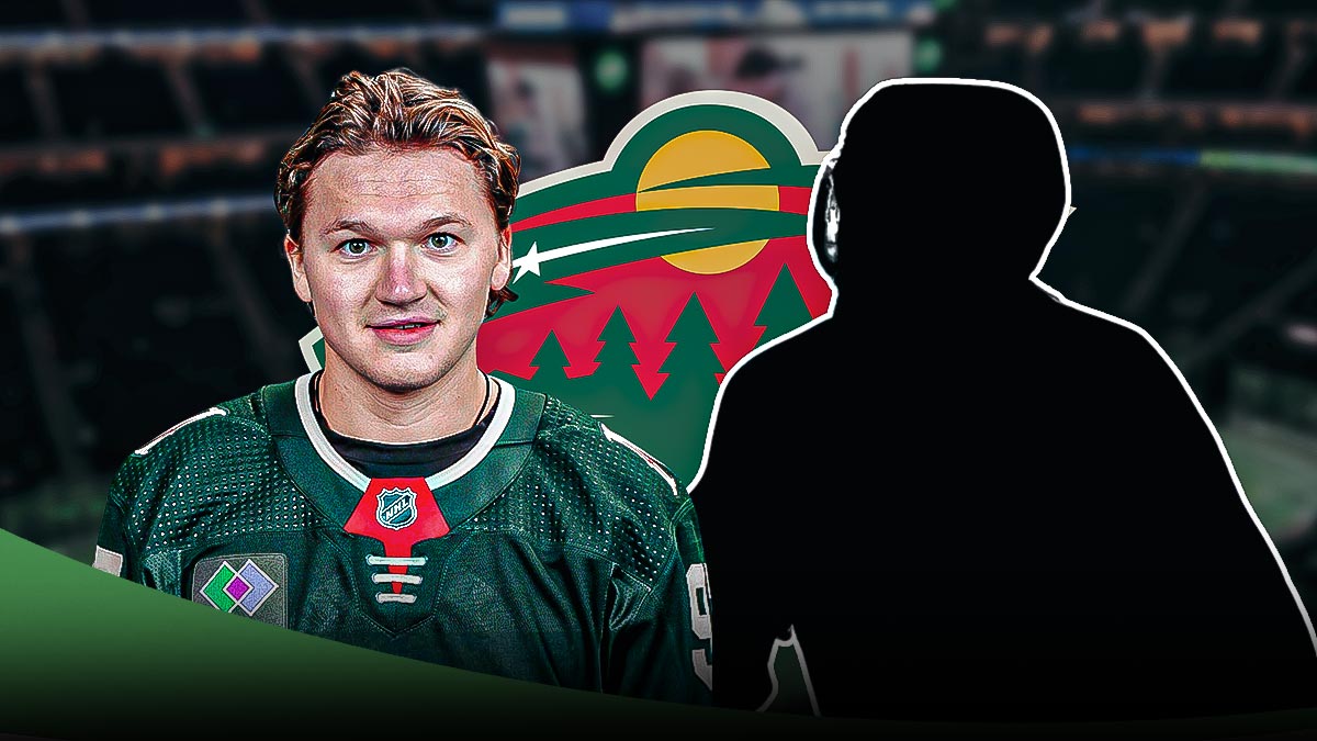 Kirill Kaprizov with a Mystery player. Wild Logo in the background.