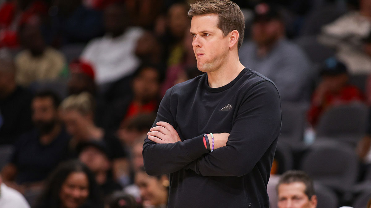 Utah Jazz head coach Will Hardy on the sideline against the Atlanta Hawks in the first quarter at State Farm Arena.