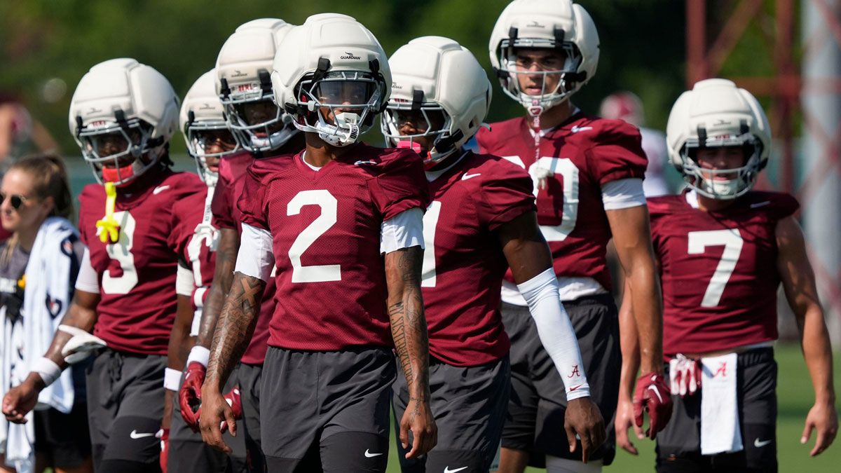 Wide receiver Ryan Williams leads a group of receivers to a drill during the second practice session of the preseason for the Alabama Crimson Tide.