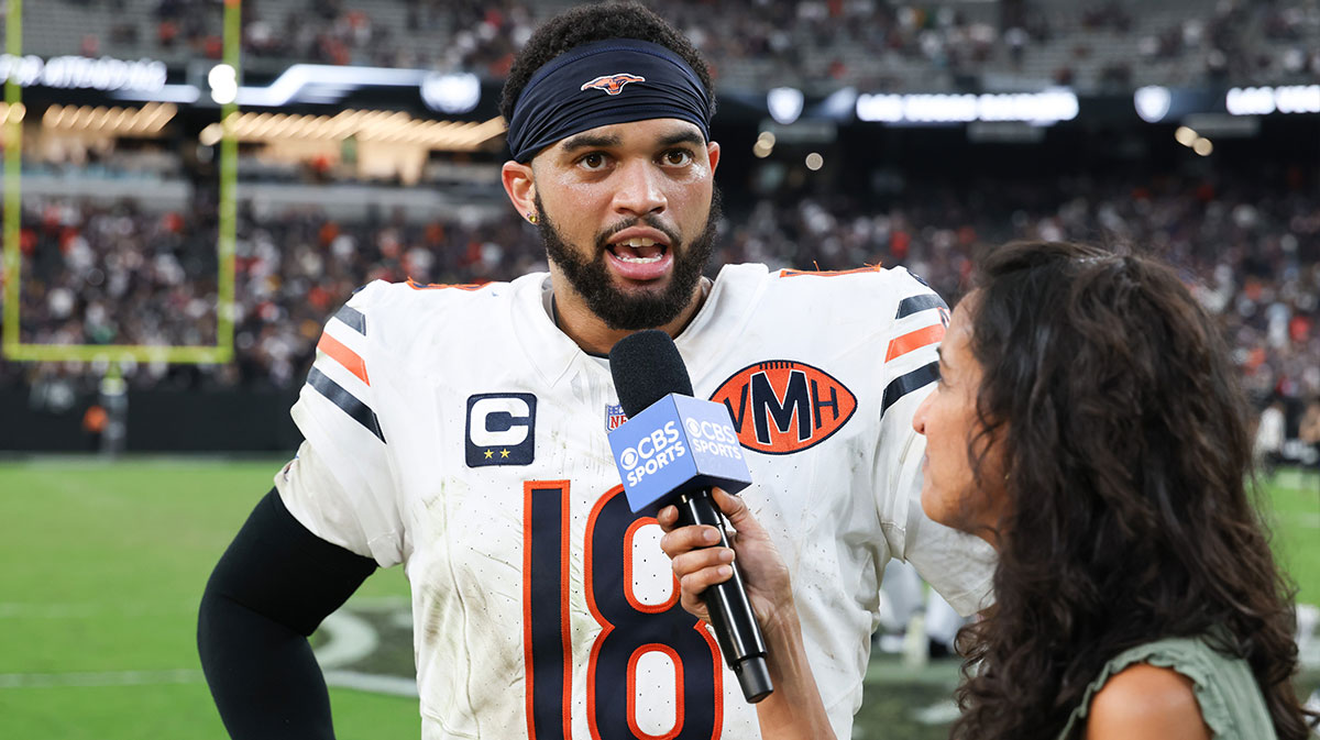Chicago Bears quarterback Caleb Williams (18) is interviewed after the game against Las Vegas Raiders at Allegiant Stadium.