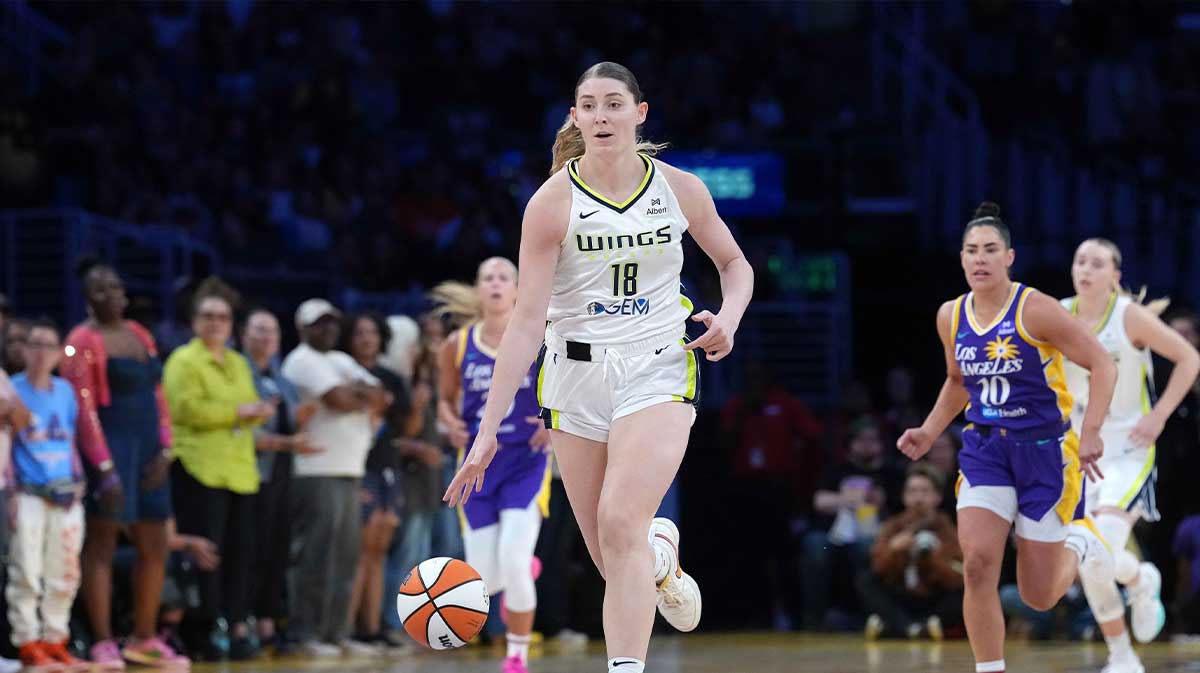 Aug 20, 2025; Los Angeles, California, USA; Dallas Wings center Luisa Geiselsoder (18) dribbles the ball against the LA Sparks in the first half at Crypto.com Arena.