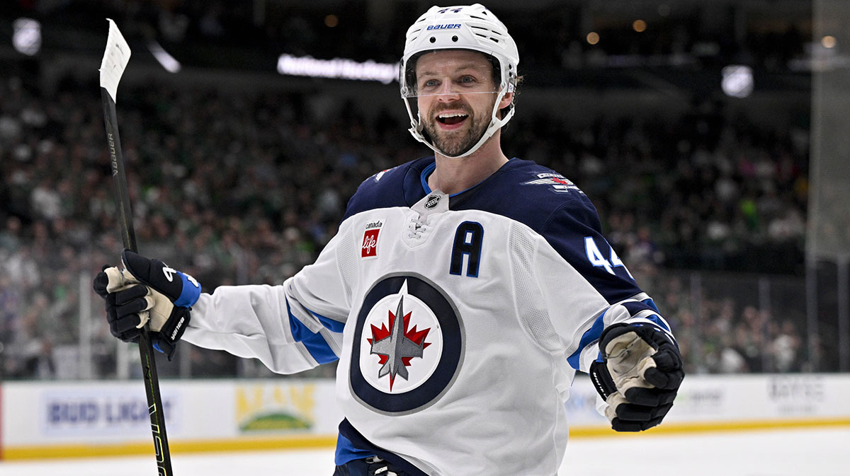 Winnipeg Jets defenseman Josh Morrissey (44) celebrates a goal scored by right wing Nino Niederreiter (not pictured) against the Dallas Stars during the first period at the American Airlines Center.